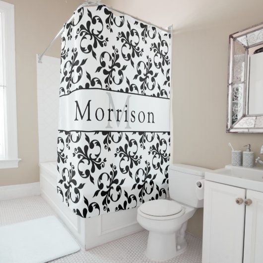 Elegant zwart-wit Frans Damaskpatroon Douchegordijn (In situ)