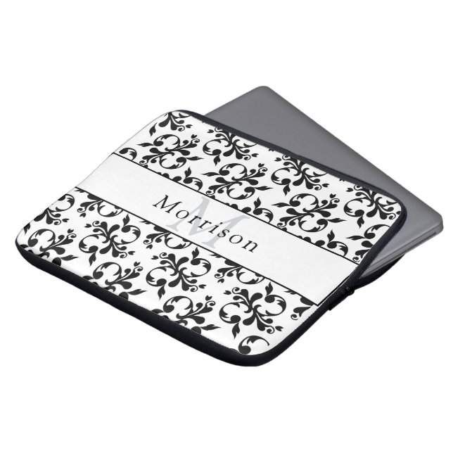 Elegant zwart-wit Frans Damaskpatroon Laptop Sleeve (Voorkant top)