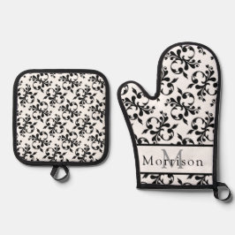 Elegant zwart-wit Frans Damaskpatroon Ovenwant & Pannenlap Set