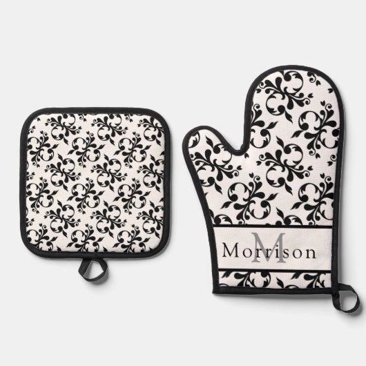 Elegant zwart-wit Frans Damaskpatroon Ovenwant & Pannenlap Set (Voorkant)