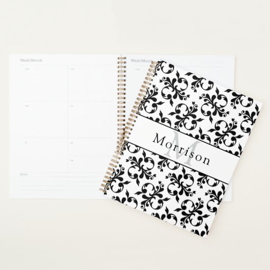 Elegant zwart-wit Frans Damaskpatroon Planner (Display)