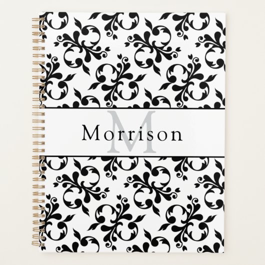 Elegant zwart-wit Frans Damaskpatroon Planner (Voorkant)