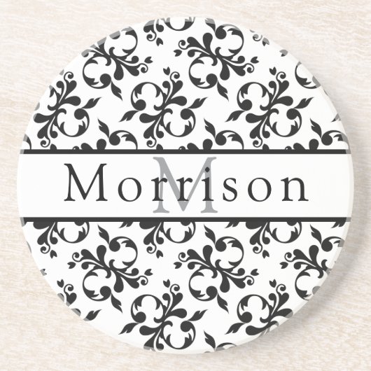 Elegant zwart-wit Frans Damaskpatroon Zandsteen Onderzetter (Voorkant)