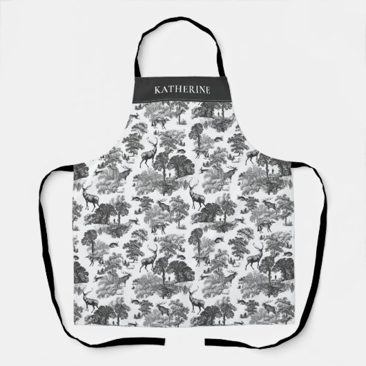 Elegant  zwart wit Frans Toile Deer Fox Schort (Voorkant)