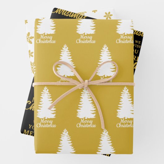 Elegant Zwart Wit & Geel Vrolijk Kerstfeest Inpakpapier Vel (In situ)