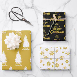 Elegant Zwart Wit & Geel Vrolijk Kerstfeest Inpakpapier Vel