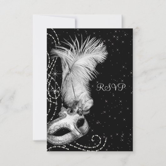 Elegant zwart-wit gemaskerd bal RSVP kaartje (Voorkant)