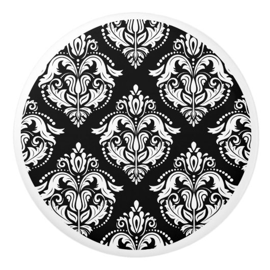 Elegant zwart-wit geometrisch damaspatroon keramische knop (Voorkant)