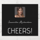 Elegant zwart wit gepersonaliseerd fotonaamscript sparkling wijnetiket (Enkel label)