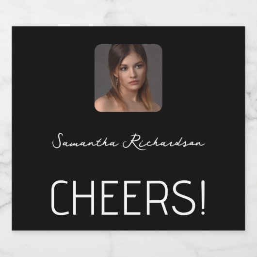 Elegant zwart wit gepersonaliseerd fotonaamscript sparkling wijnetiket (Enkel label)
