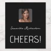 Elegant zwart wit gepersonaliseerd fotonaamscript wijn etiket (Enkel label)