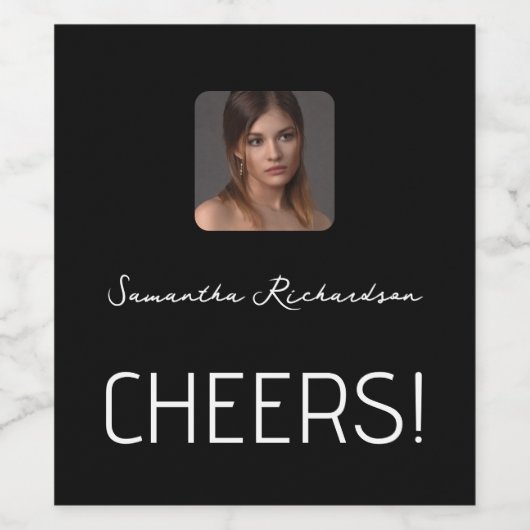 Elegant zwart wit gepersonaliseerd fotonaamscript wijn etiket (Enkel label)