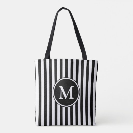 Elegant zwart wit gestreept monogram tote bag (Achterkant)