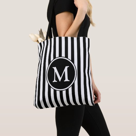 Elegant zwart wit gestreept monogram tote bag (Dichtbij)
