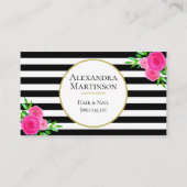 Elegant Zwart Wit Gestreept Roze Waterverf Bloemen Visitekaartje (Voorkant)