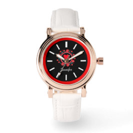 Elegant zwart wit gezicht, rood bloemenhart motief horloge