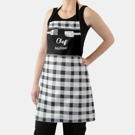 Elegant Zwart Wit Gingham | Persoonlijke naam Schort (Insitu)