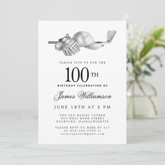 Elegant Zwart Wit Golf 100e Verjaardagsfeest Kaart (Staand voorkant)