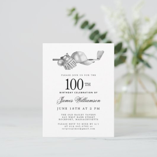 Elegant Zwart Wit Golf 100e Verjaardagsfeest Uitnodiging Briefkaart (Staand voorkant)