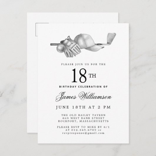 Elegant Zwart Wit Golf 18e Verjaardagsfeest Uitnodiging Briefkaart (Voorkant / Achterkant)