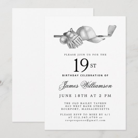 Elegant Zwart Wit Golf 19e Verjaardagsfeest Kaart (Voorkant / Achterkant)