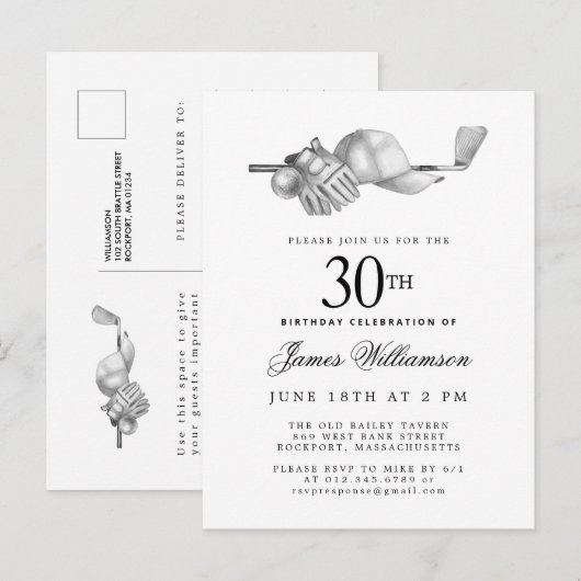 Elegant Zwart Wit Golf 30e Verjaardagsfeest Uitnodiging Briefkaart (Voorkant / Achterkant)
