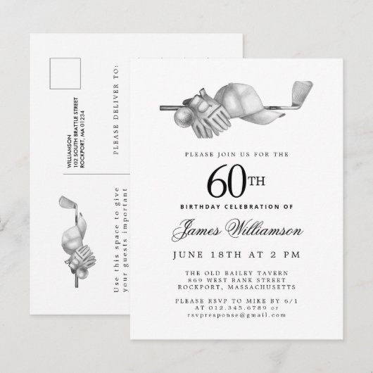 Elegant Zwart Wit Golf 60e Verjaardagsfeest Uitnodiging Briefkaart (Voorkant / Achterkant)