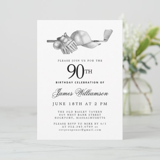 Elegant Zwart Wit Golf 90ste Verjaardagsfeest Kaart (Staand voorkant)