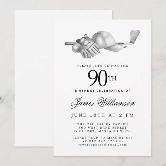 Elegant Zwart Wit Golf 90ste Verjaardagsfeest Kaart (Voorkant / Achterkant)
