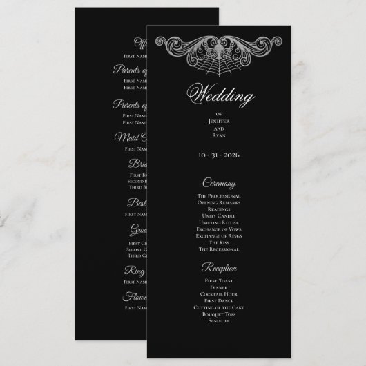 Elegant zwart-wit gotisch huwelijksprogramma menu (Voorkant / Achterkant)