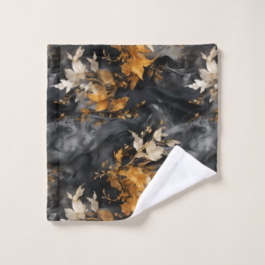 Elegant Zwart Wit Goud Bloemen Herhalend Patroon Bad Handdoek (Wasdoekje)