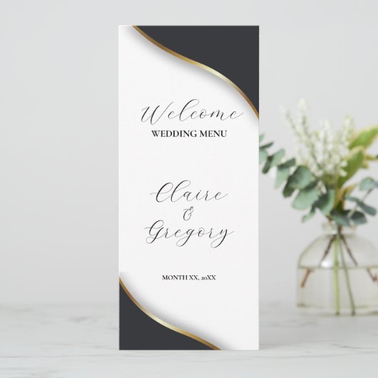 Elegant Zwart Wit Goud Bruiloft Menu (Staand voorkant)