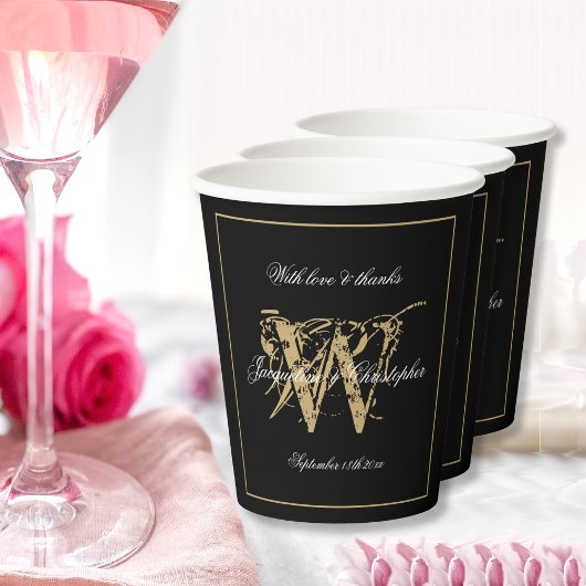 Elegant Zwart Wit Goud Bruiloft Monogram Naam Papieren Bekers