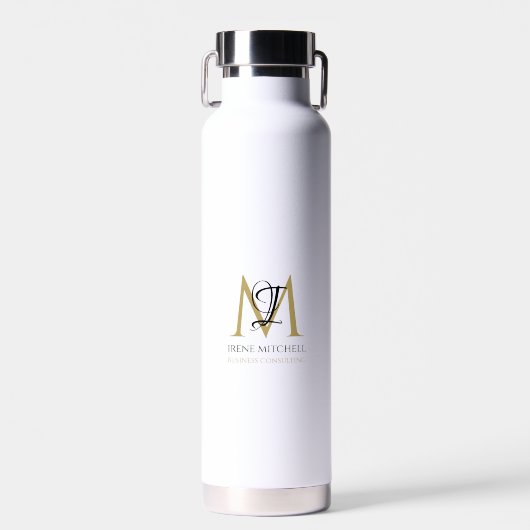 Elegant Zwart Wit Goud Eenvoudig Monogram Naam Waterfles (Voorkant)