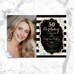 Elegant Zwart Wit Goud Foto 50e Verjaardag Kaart<br><div class="desc">Elegante bloemenuitnodiging voor de 50e verjaardag met uw foto. Glam zwart wit ontwerp met faux glitter goud. Beschikt over zwart-witte strepen, rozen, script lettertype en confetti. Perfect voor een stijlvol volwassen feestje. Personaliseer met je eigen gegevens. Kan voor om het even welke leeftijd worden aangepast! Gedrukte Zazzle-uitnodigingen of direct download...</div>
