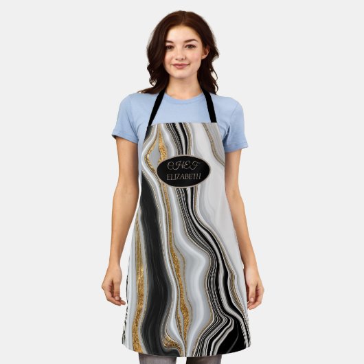 Elegant Zwart Wit Goud Marmer Schort (Gedragen)