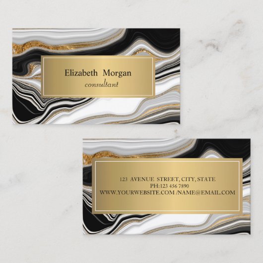 Elegant zwart wit goud marmer visitekaartje (Voorkant / Achterkant)