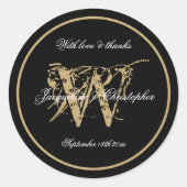 Elegant zwart wit goud Monogram Naam Chic Script Ronde Sticker (Voorkant)