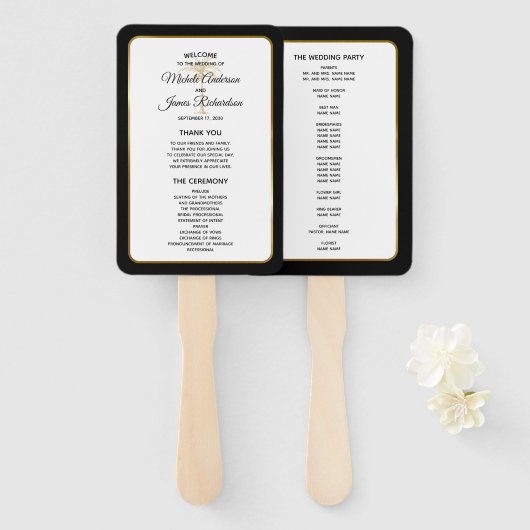 Elegant Zwart Wit Goud Palmboom Trouwprogramma Handwaaier (Voorkant en achterkant)