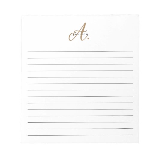 Elegant Zwart Wit Goud Script Monogram Gevoerd Notitieblok (Voorkant)