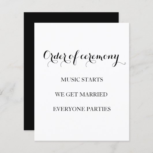 Elegant zwart-wit grappig trouwprogramma (Voorkant / Achterkant)