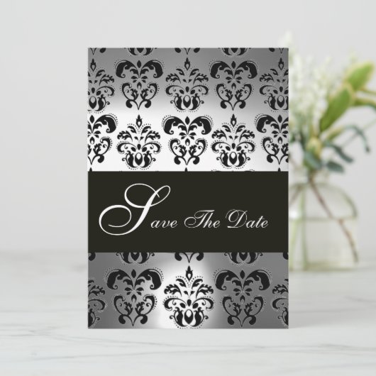 ELEGANT ZWART WIT GRIJS DAMASK MONOGRAM Bruiloft Save The Date (Staand voorkant)