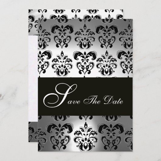 ELEGANT ZWART WIT GRIJS DAMASK MONOGRAM Bruiloft Save The Date (Voorkant / Achterkant)