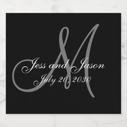 Elegant Zwart Wit Grijs Monogram Namen Bruiloft Sparkling Wijnetiket (Enkel label)