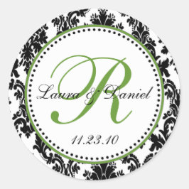 Elegant Zwart Wit Groen Damast Bruiloft Ronde Sticker