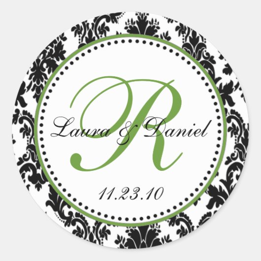 Elegant Zwart Wit Groen Damast Bruiloft Ronde Sticker (Voorkant)