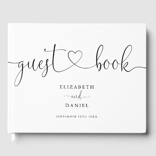 Elegant zwart-wit hart script bruiloft gastenboek (Voorkant)