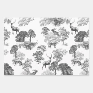 Elegant  Zwart Wit Herten Fox Country Toile Inpakpapier Vel