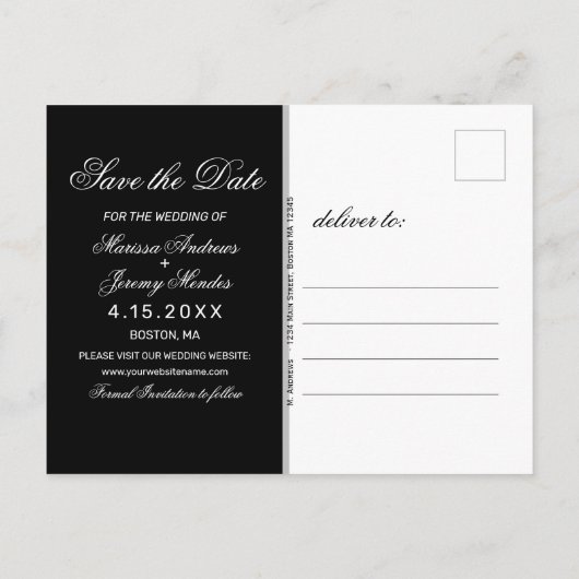 Elegant Zwart Wit Huwelijksfoto Save the Date Aankondigingskaart (Achterkant)