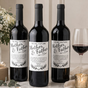 Elegant zwart-wit huwelijksgegift voor schoonfamil wijn etiket